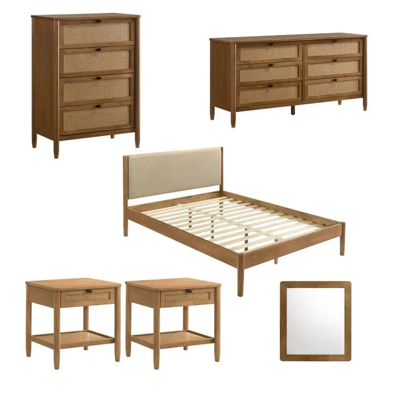 Rubberwood 6-Piece Bedroom Set With Upholstered Queen Bed, Dresser, Mirror