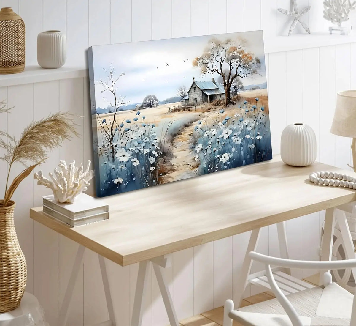Framed Rustic Farmhouse Canvas Wall Art Wildflowers And Barn Scene
