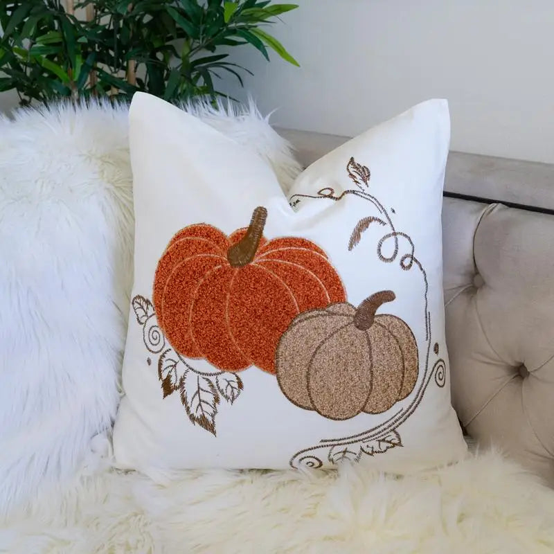 Autumn Harvest Pumpkin Embroidered Cotton Throw Pillow