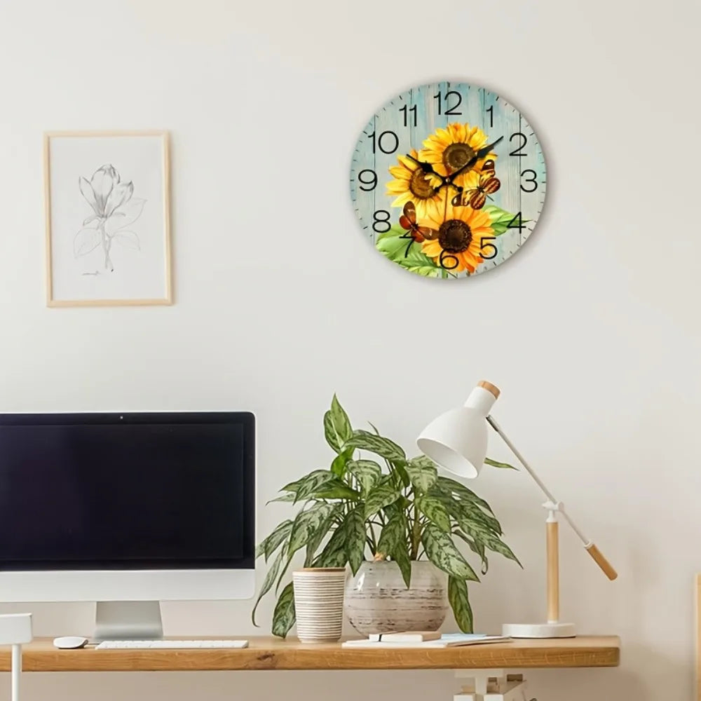 JFHT Wood Sunflower And Butterfly Decorative Silent Wall Clock