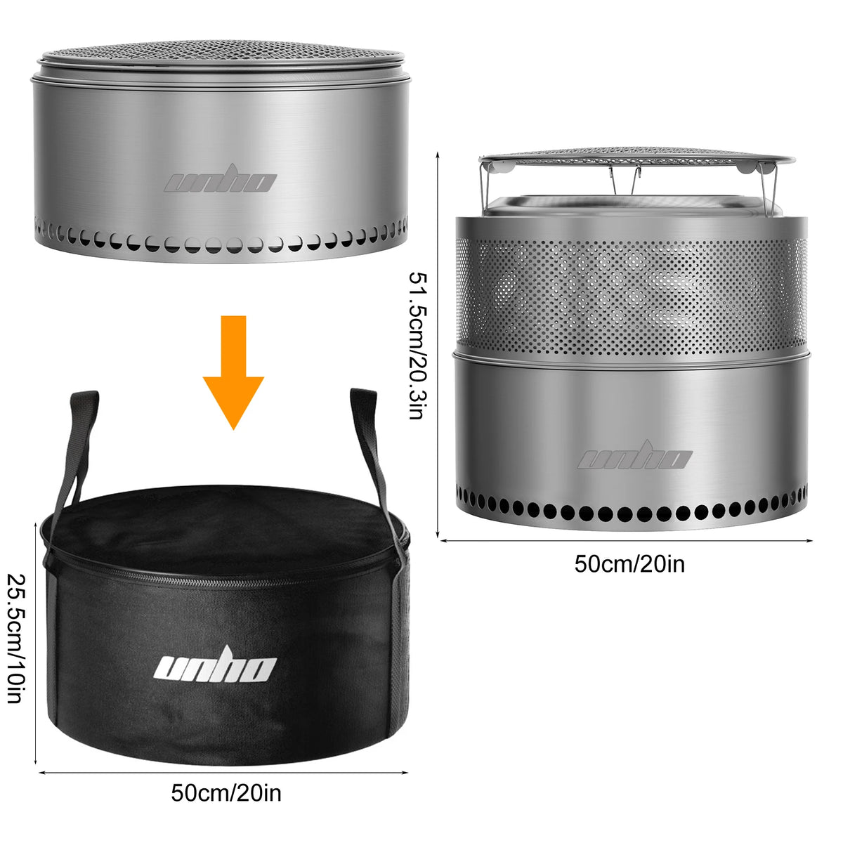 Unho Portable Smokeless Fire Pit Stainless Steel Outdoor Wood Burner