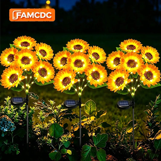 FAMCDC Solar Powered Sunflower Garden Light 3 Head Waterproof Outdoor