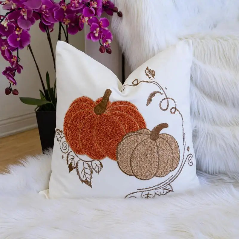 Autumn Harvest Pumpkin Embroidered Cotton Throw Pillow