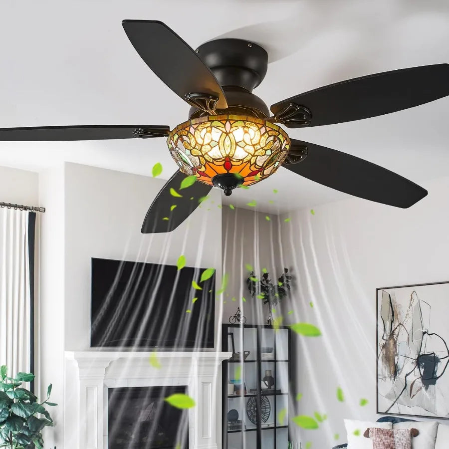 Tiffany Style Six Speed Ceiling Fan With Integrated Lights