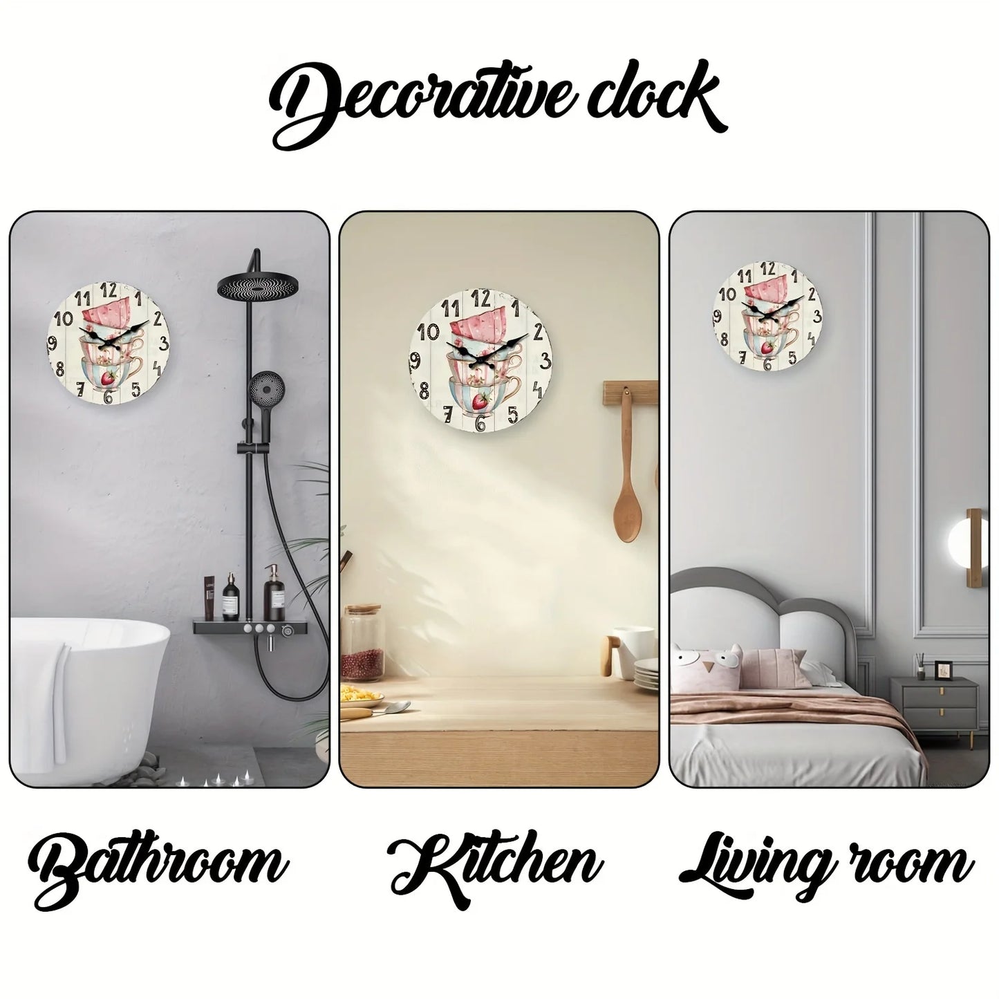 XMSJ Vintage Tea Coffee Cup Wooden Wall Clock Silent Analog