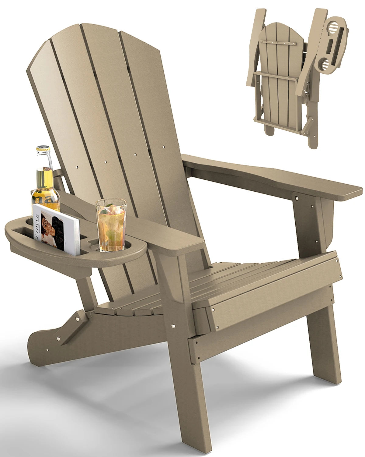FOOWIN Folding Adirondack Chair Weather Resistant HDPE With Cup Holder