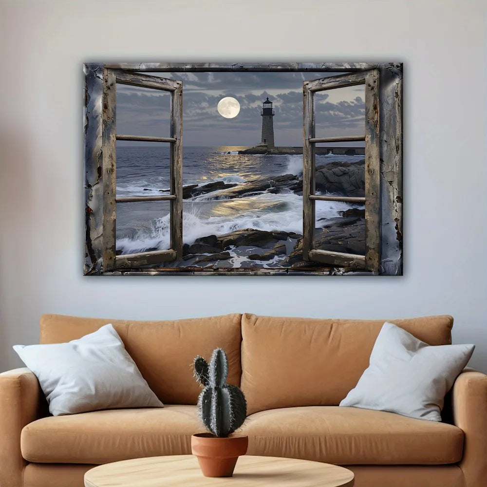 Coastal Lighthouse Beach Wall Mural With Wood Frame Art