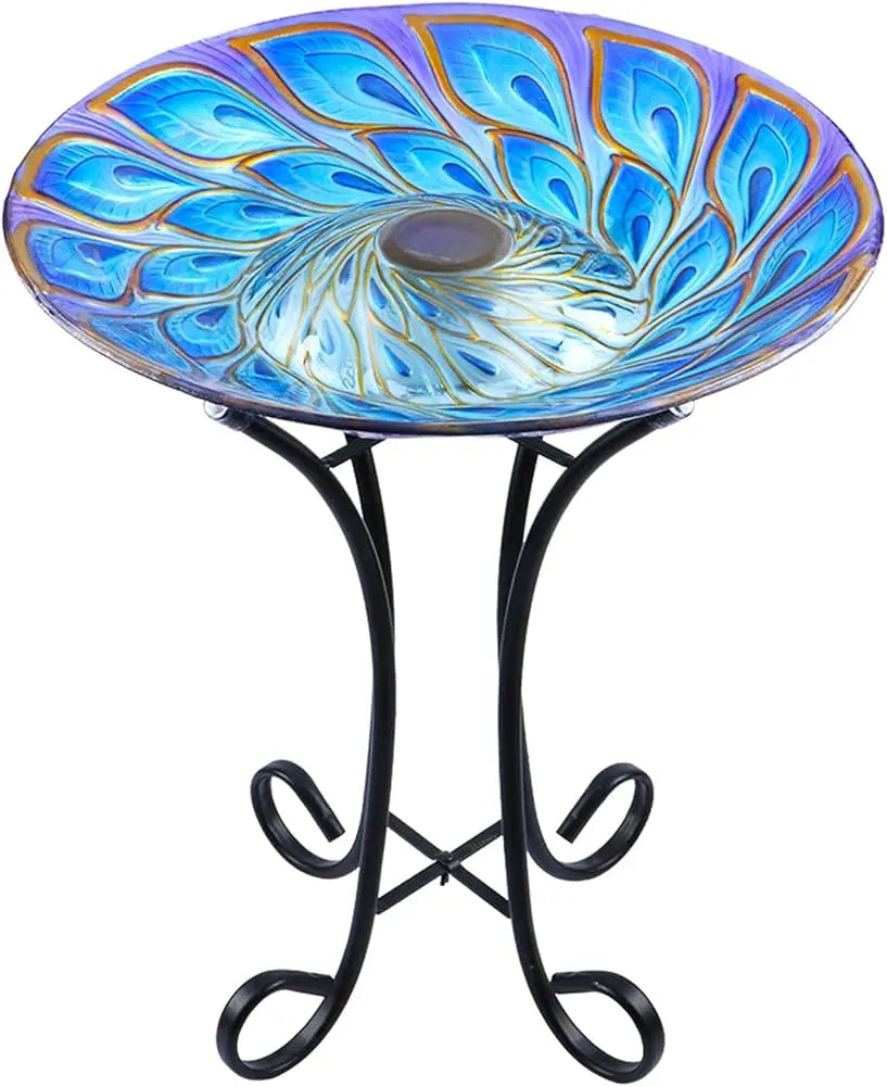 Solar Led Glass Bird Bath With Metal Stand For Garden