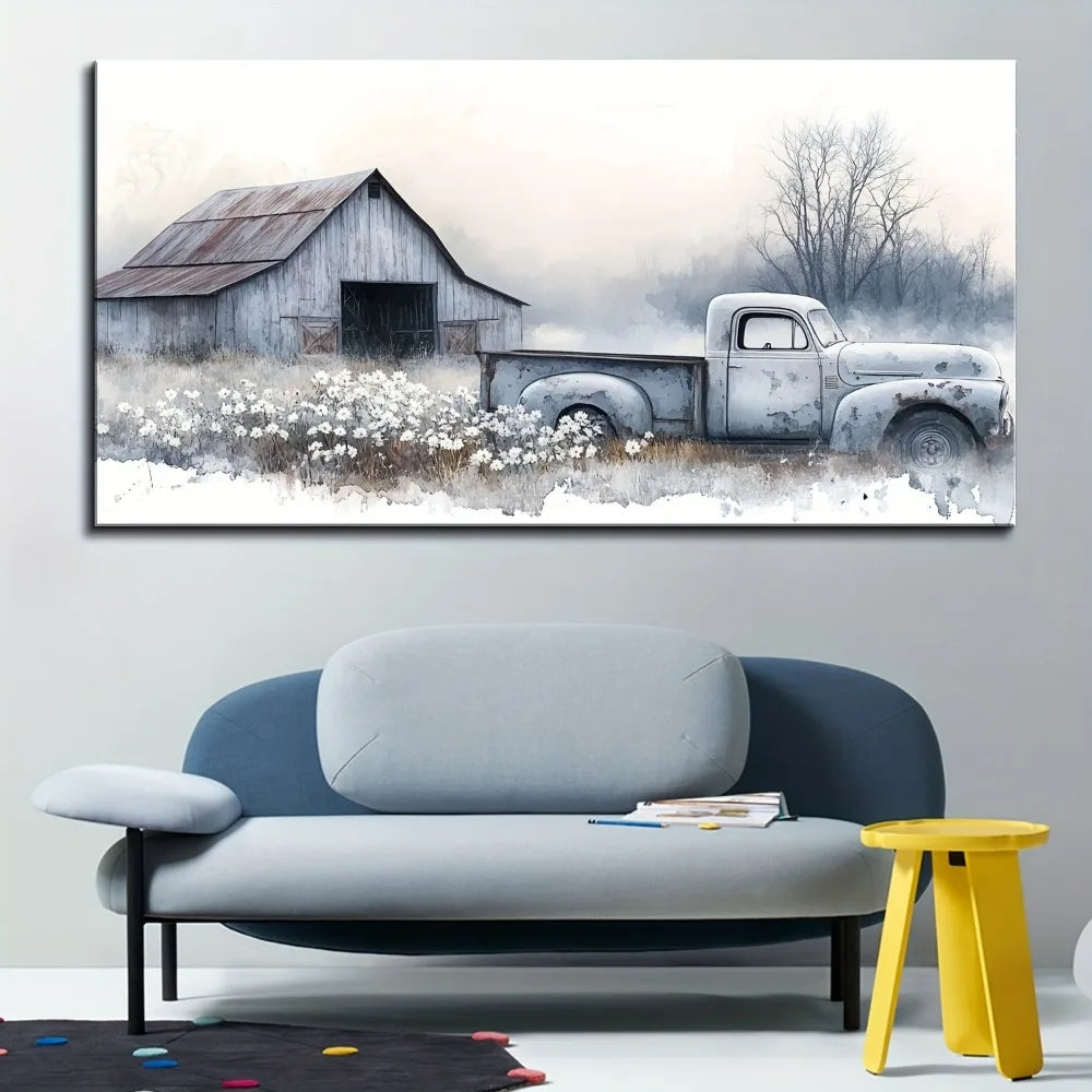 Pine Solid Wood Frame Canvas Print Of Antique Country Trucks