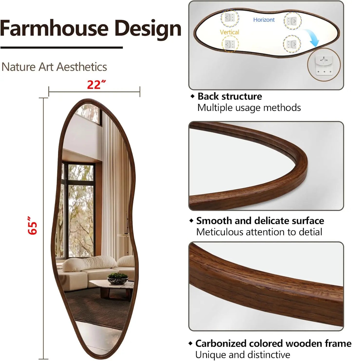 Irregular Wooden Mirror Farmhouse Asymmetrical Wall Mirror