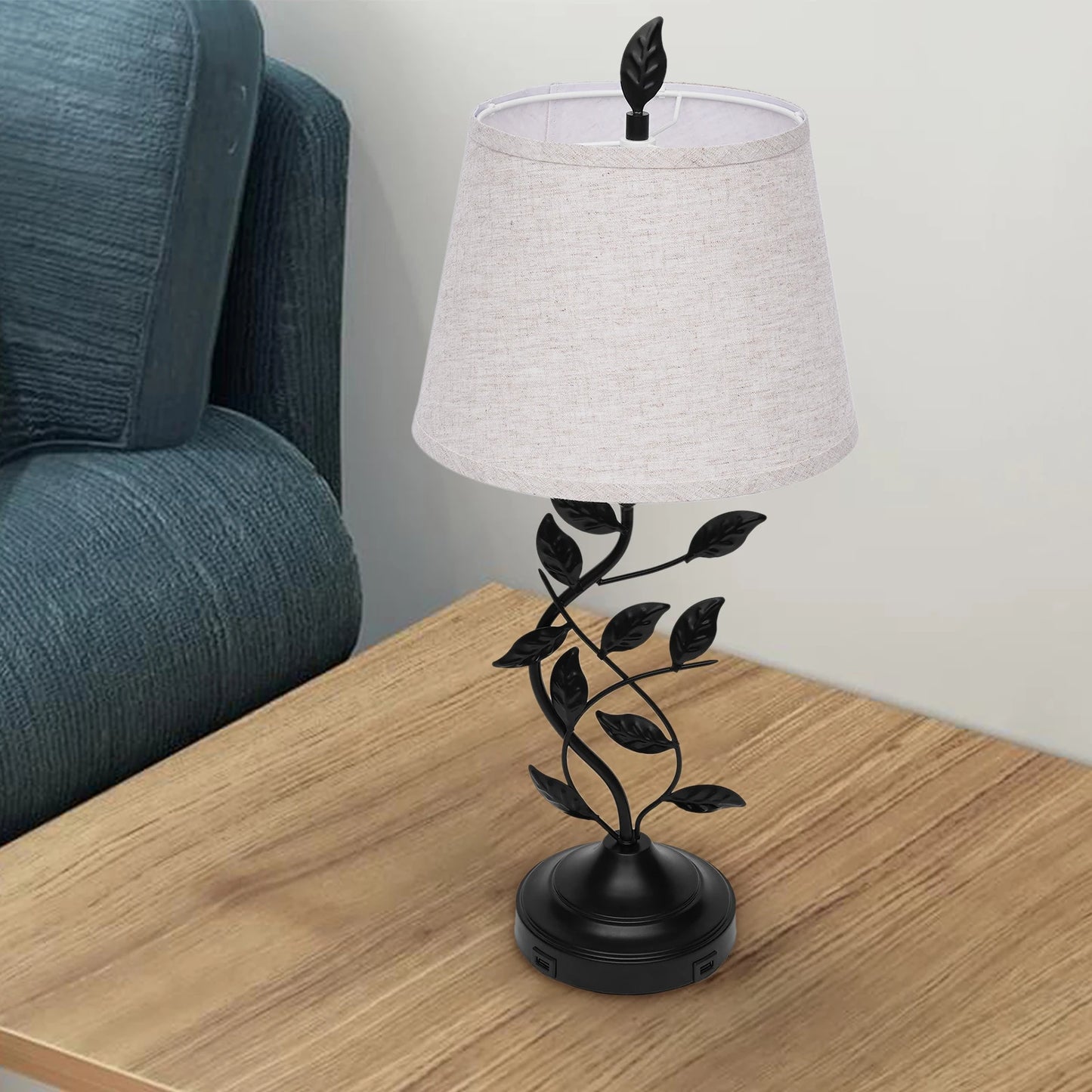 Table Lamp With USB Ports Iron And Linen Shade Living