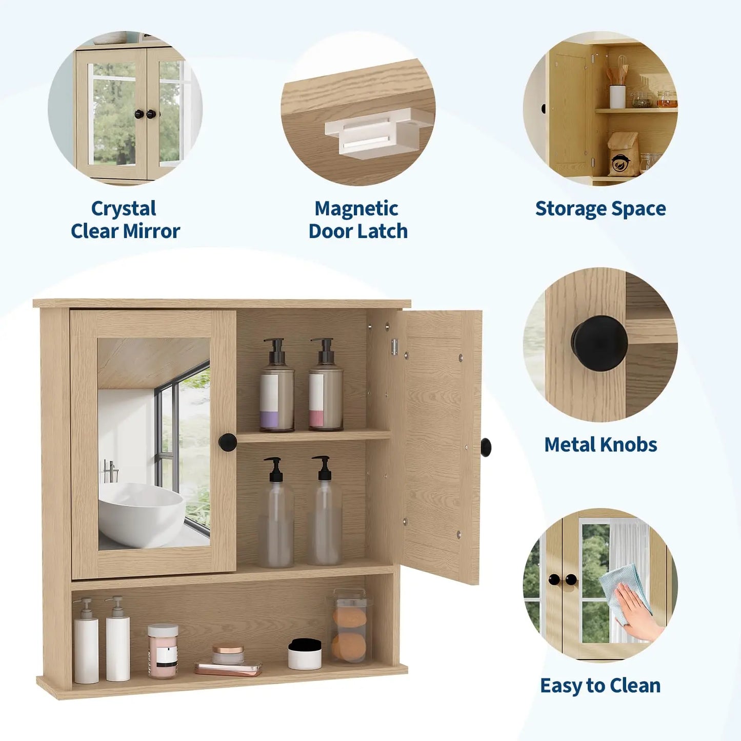 HiMISS Wall Mounted Bathroom Cabinet With Mirror Doors Adjustable Shelves