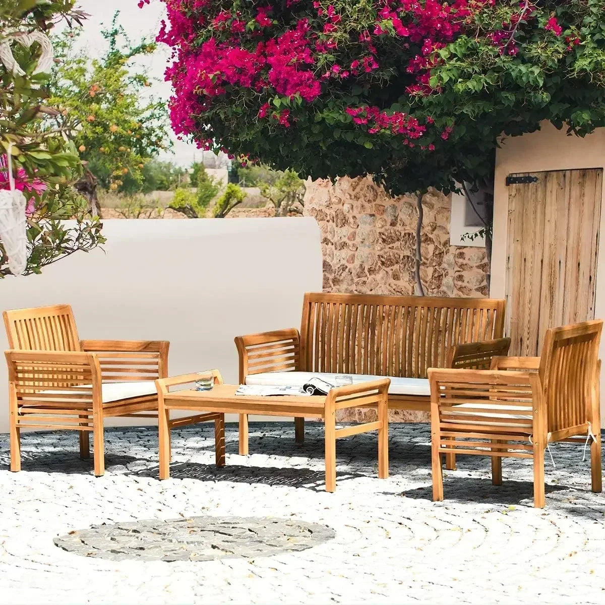 Acacia Wood Sofa Set With Water Resistant Cushions