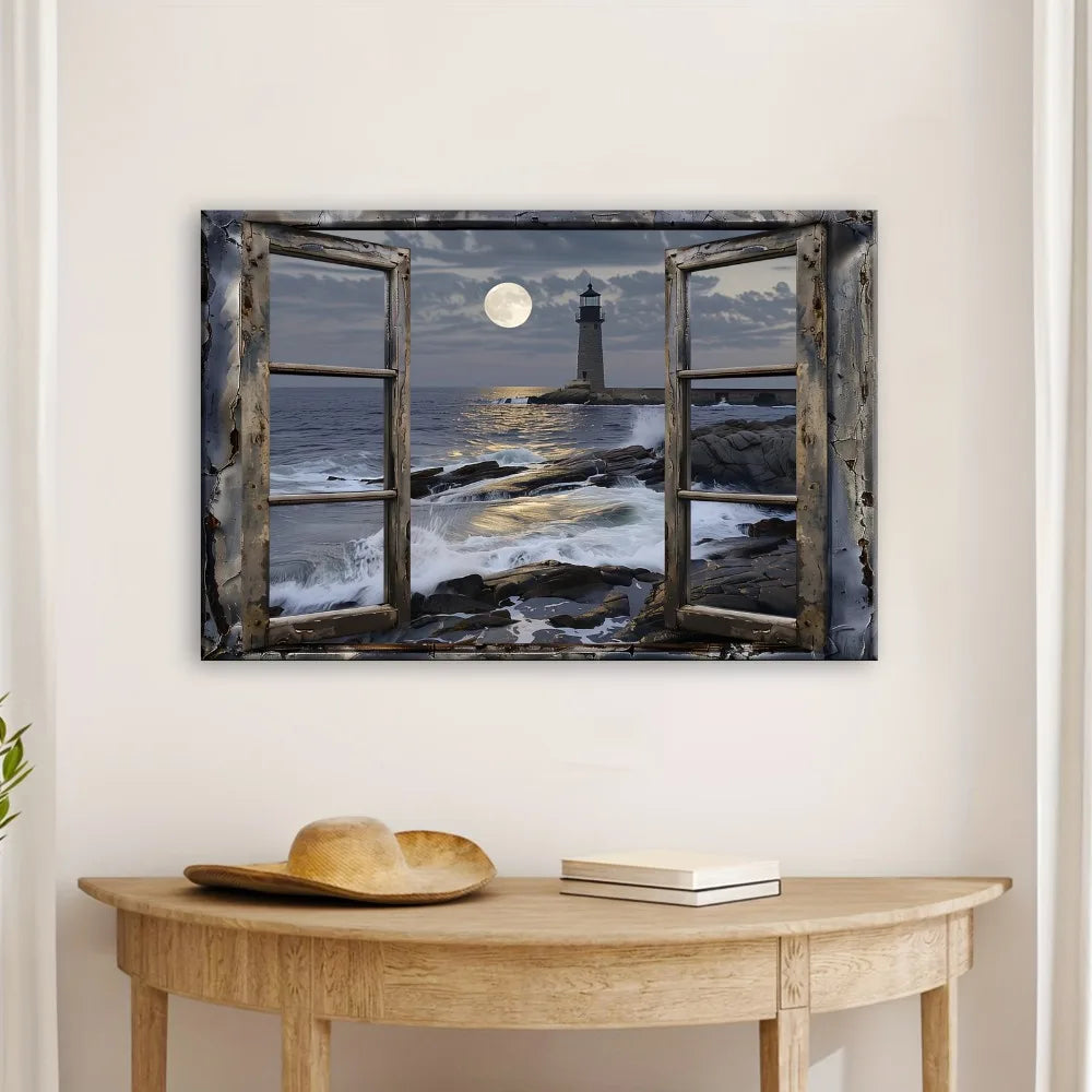 Coastal Lighthouse Beach Wall Mural With Wood Frame Art