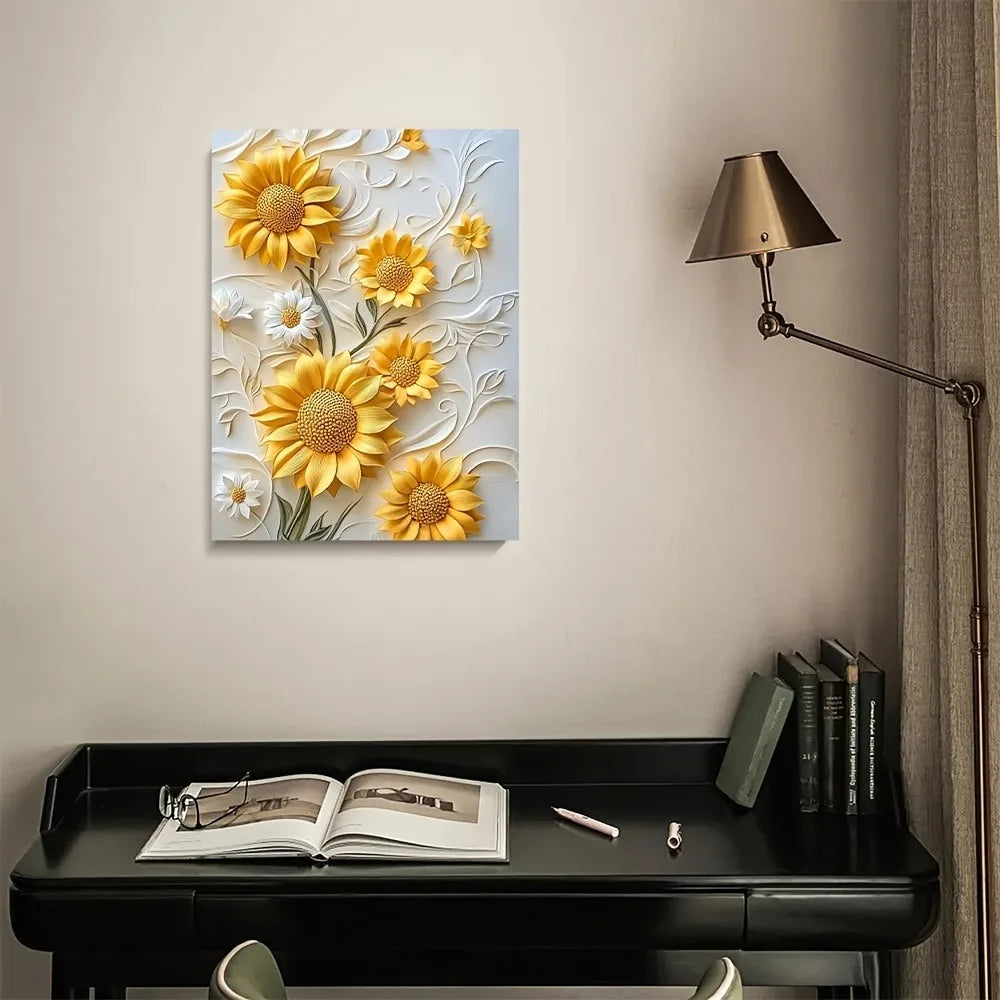 Sunflower Canvas Art With Wood Frame 3D Relief Wall Decor