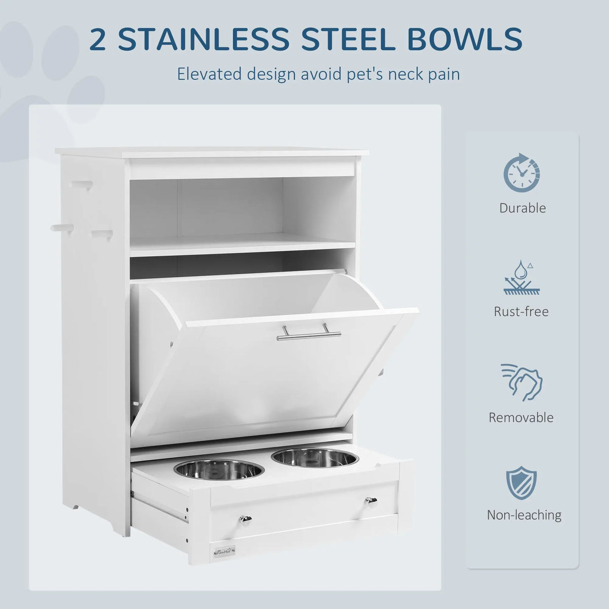 Pet Feeder Station With Storage And Two Raised Dog Bowls