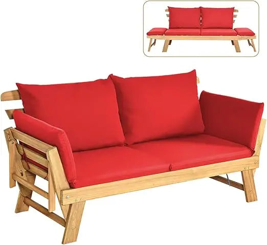 Convertible Acacia Wood Outdoor Sofa Bed With Adjustable Armrest