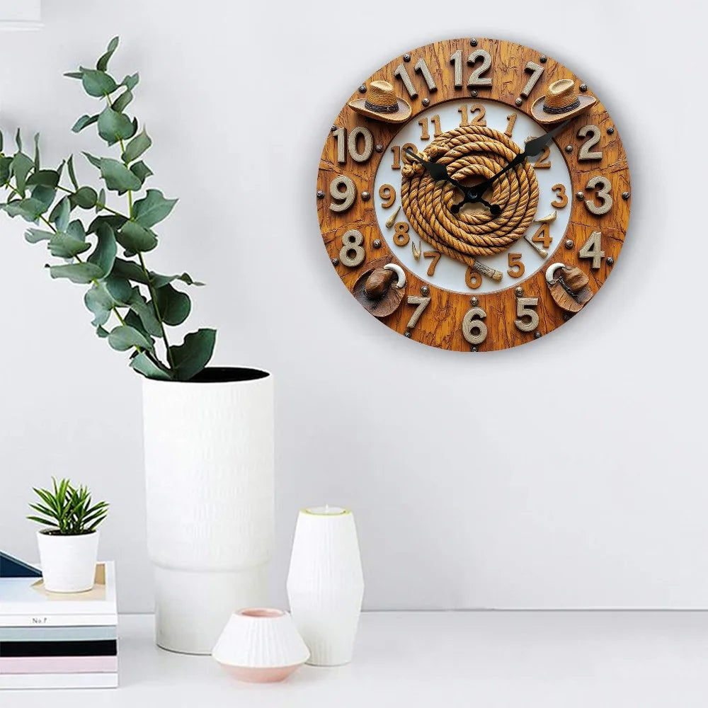 Western Cowboy Round Wall Clock by Xmsj Silent Non Ticking