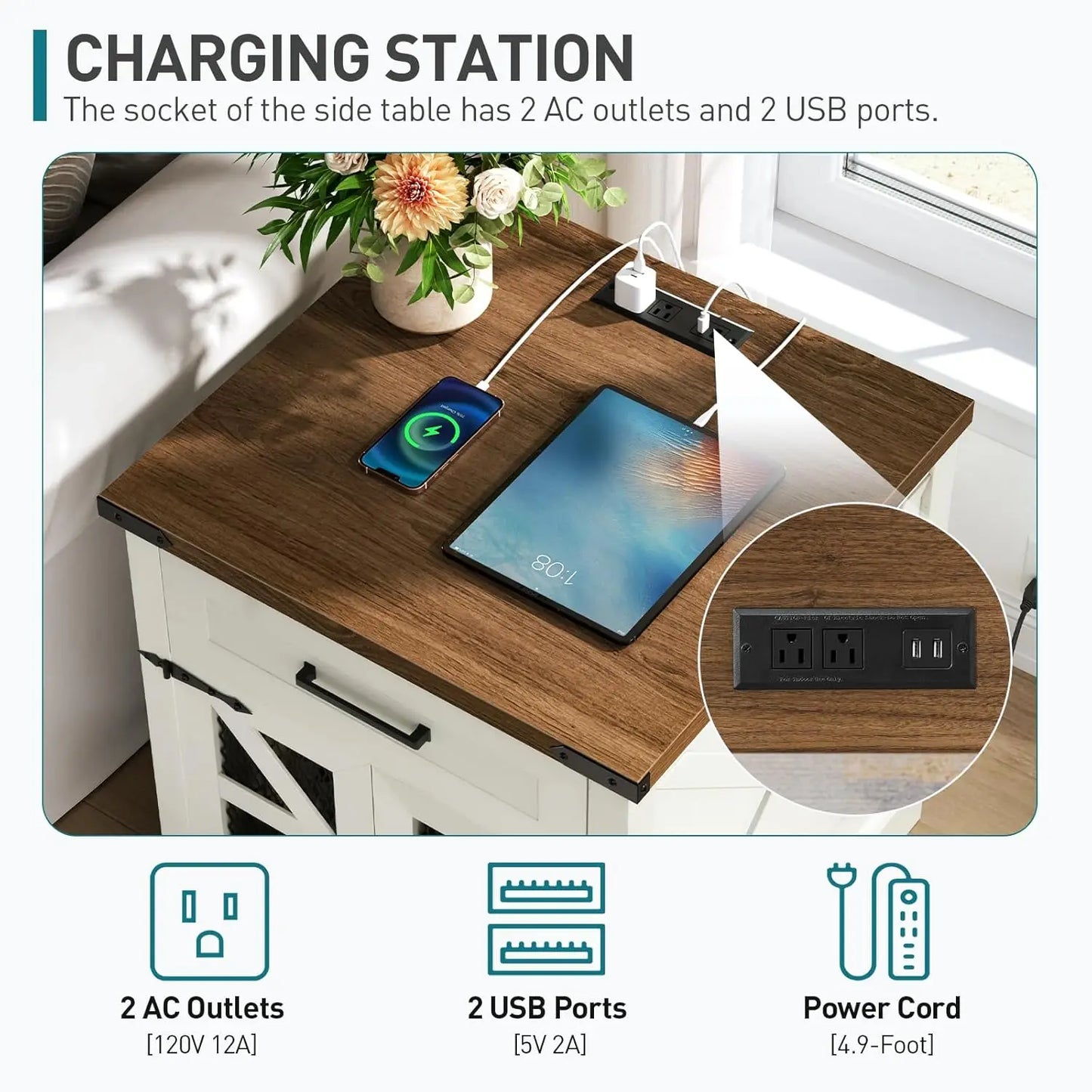 End Table With Charging Station USB Outlet Drawer Wood