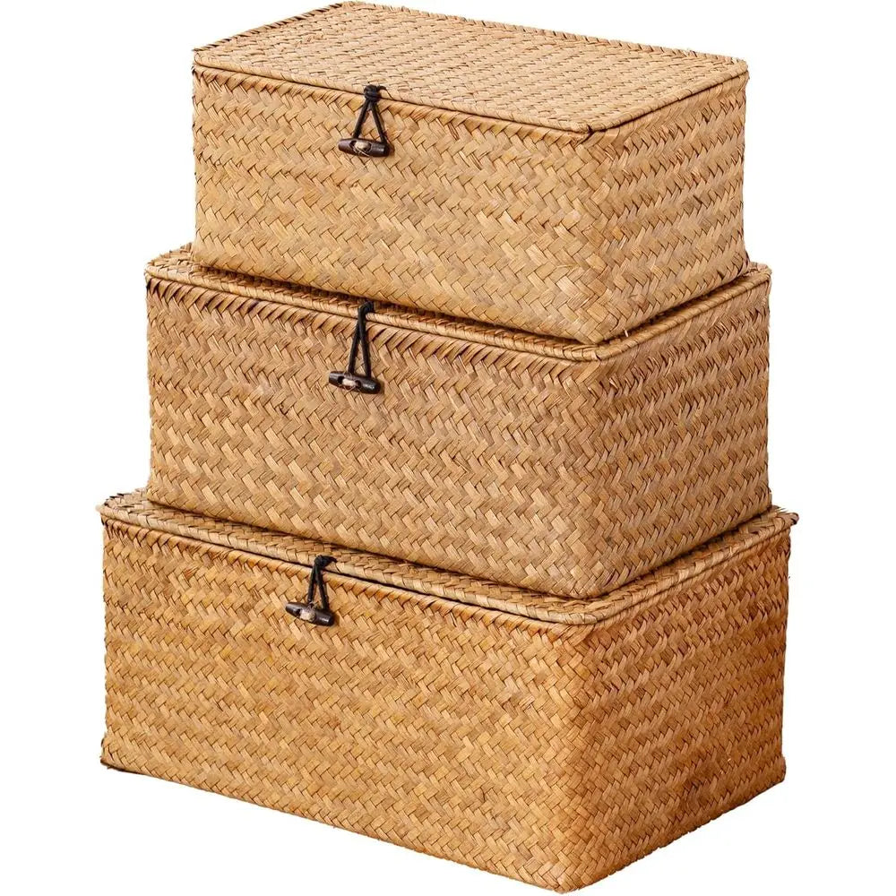 Natural Seagrass Storage Baskets With Lid Three Piece Set