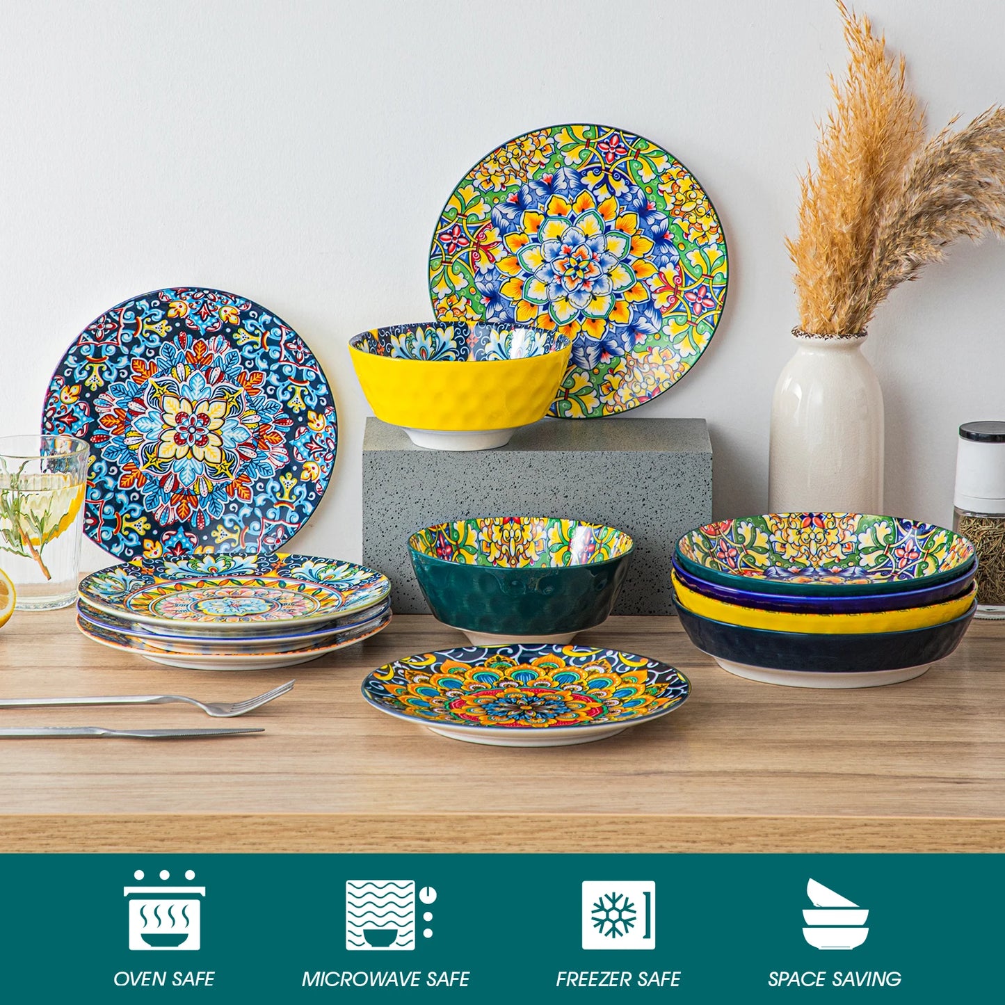 Malacasa Ceramic Dinnerware Set Bohemian Style For 6 People