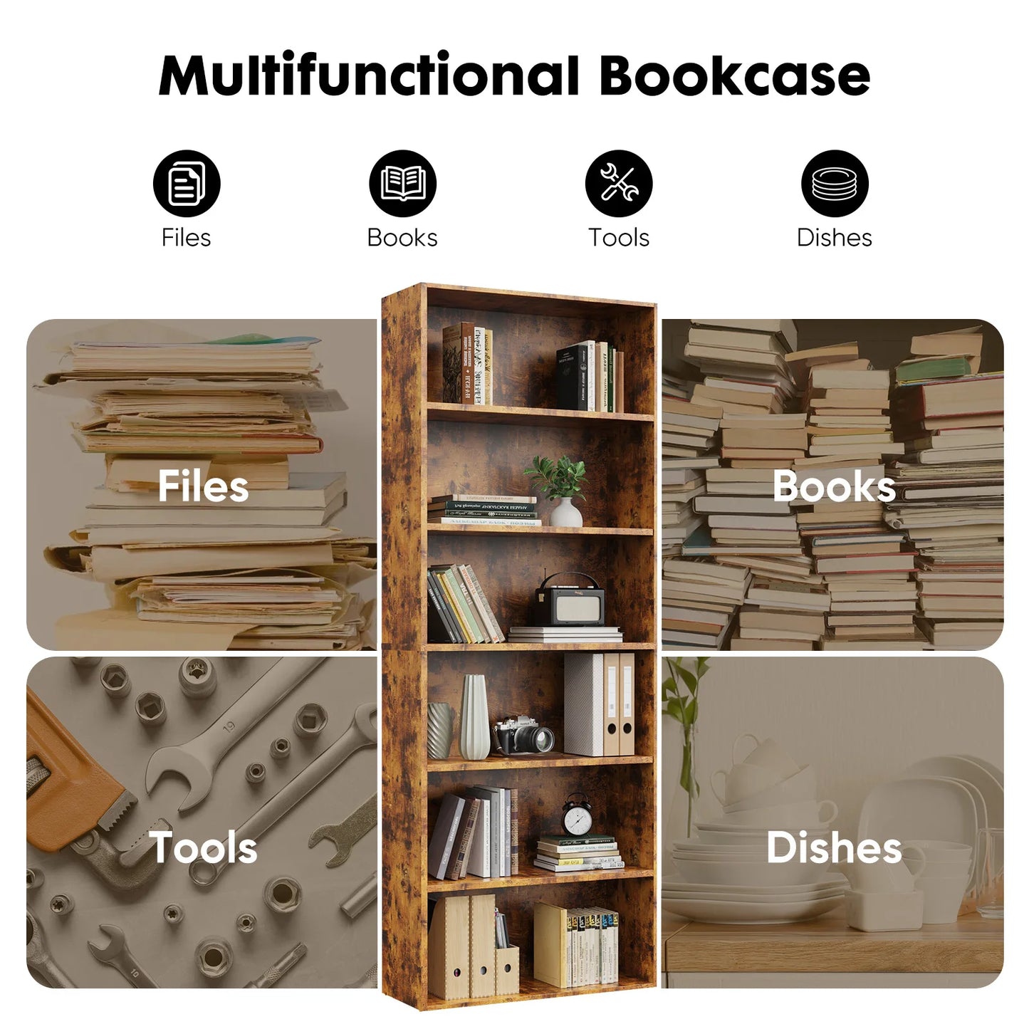 JHK Six Tier Wooden Bookcase For Home Office Storage
