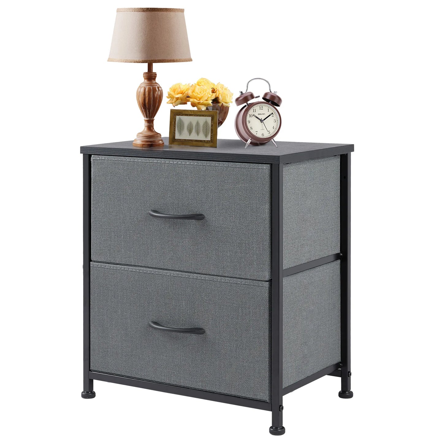 JHK Modern Nightstand With Dual Fabric Drawers And Metal Frame