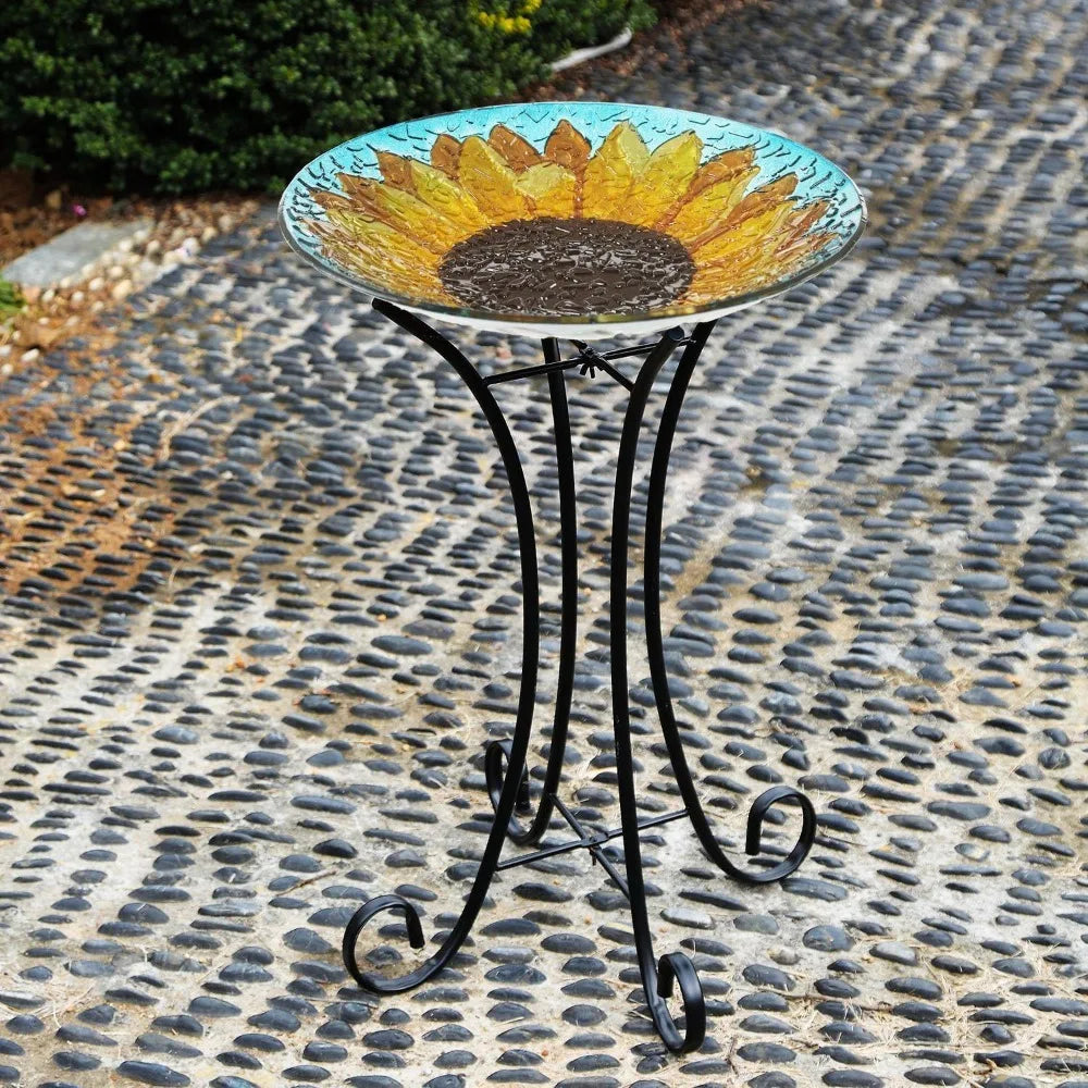 Sunflower Glass Bird Bath Bowl For Outdoors Hand Painted Design