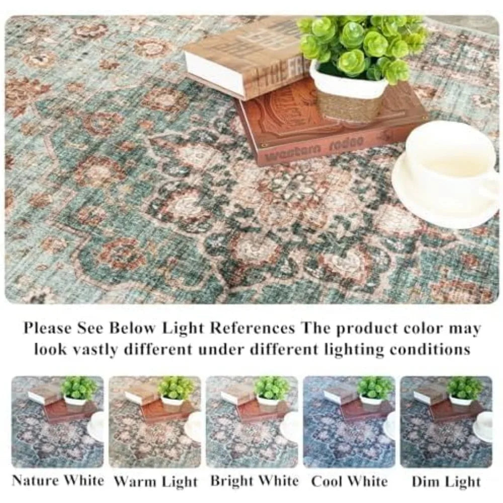 Oriental Washable Area Rug Polyester Flat-Woven for Living Room