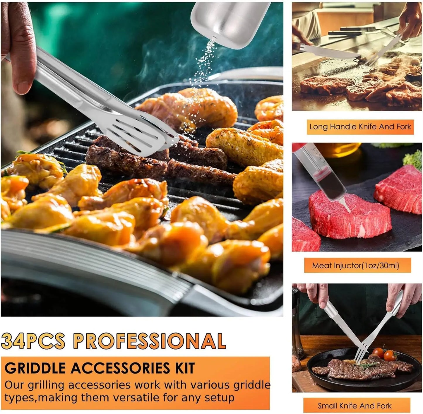 34 Piece Heavy Duty Stainless Steel Grill Tools Set With Mat And Glove