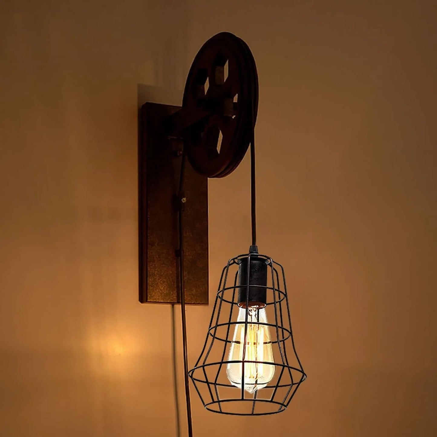 Bymaocar Industrial Wall Sconce Lights Lift Pulley Iron Cage