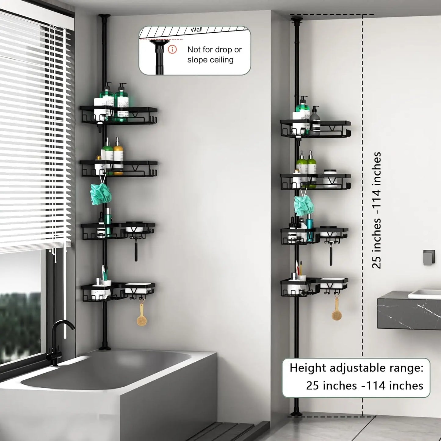 Stainless Steel 4-Tier Shower Caddy Tension Pole For Bathroom