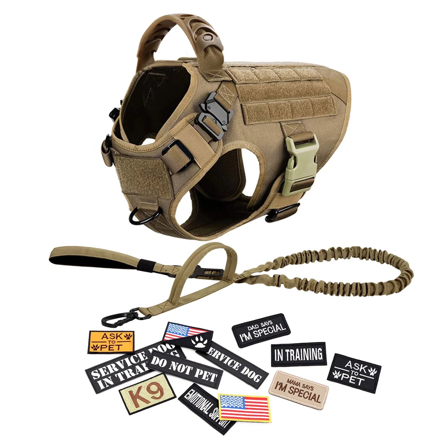 Military Large Dog Harness Set With Patches And Leash Accessories