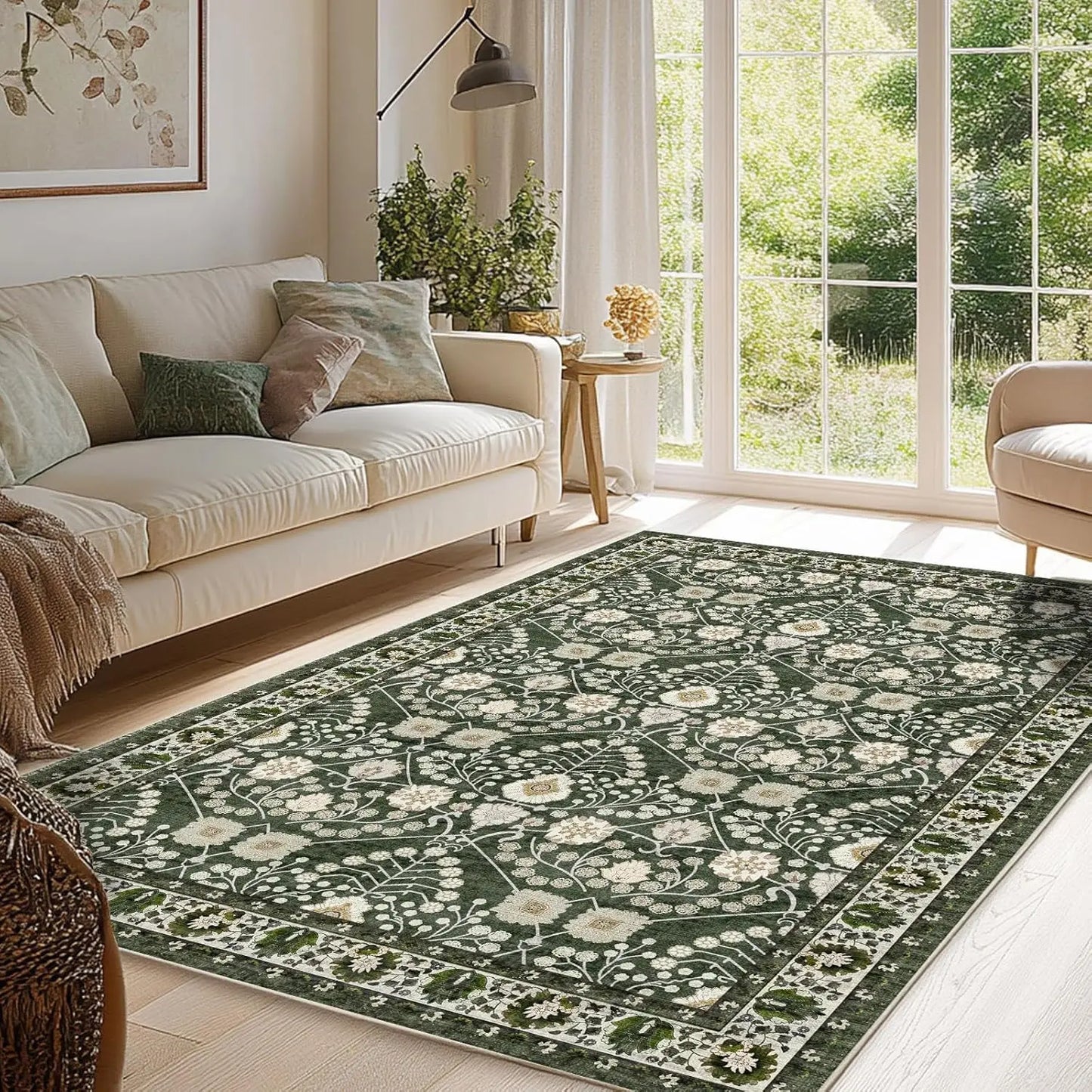 3x5 Boho Area Rug Machine Washable Non Slip Floral Carpet for Living Room Dining Room Laundry Room Dark Green