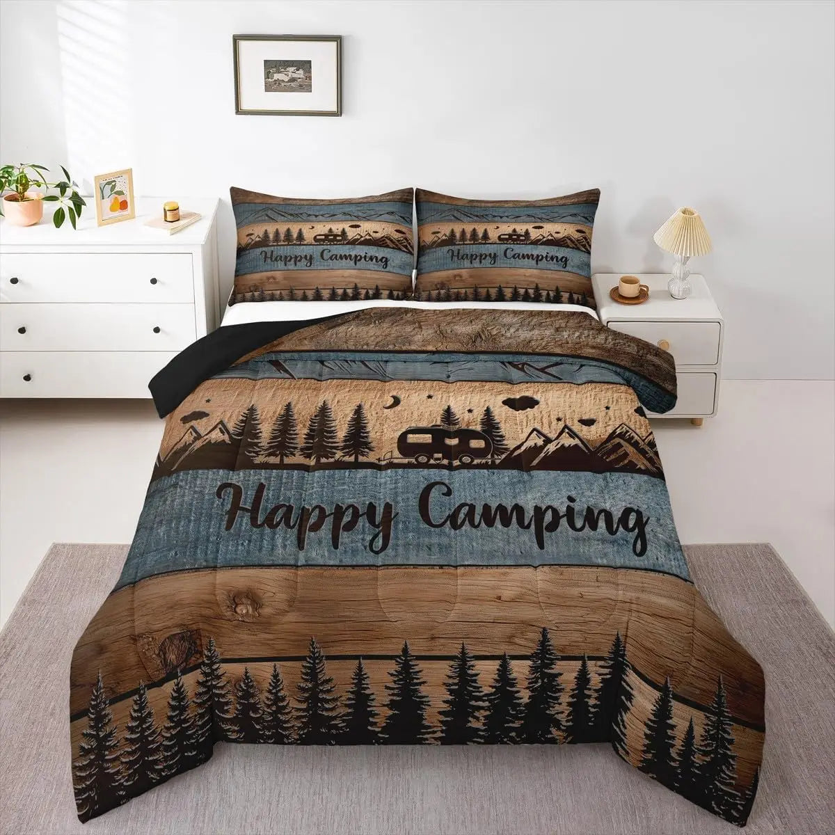 YTYIN Happy Camping Comforter Set With Camper Themed Pillow Cases