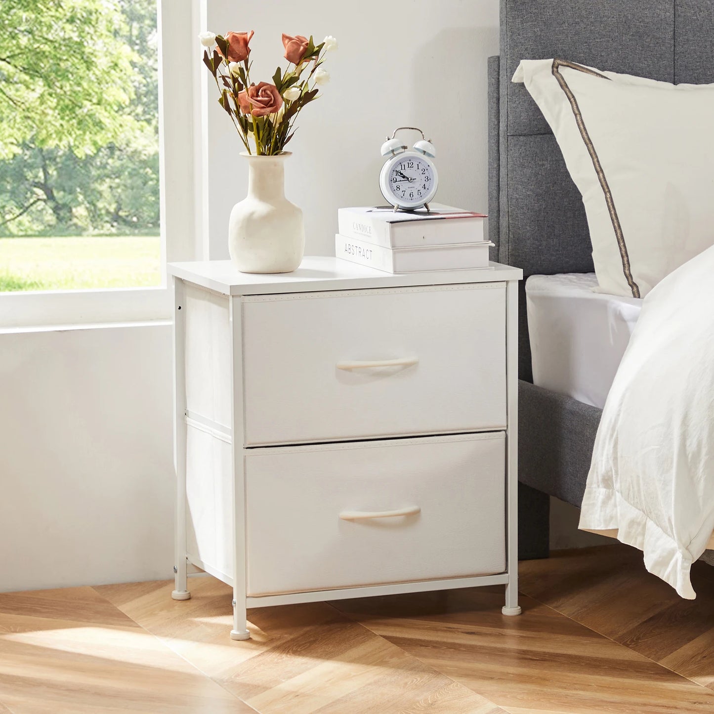 JHK Modern Nightstand With Dual Fabric Drawers And Metal Frame