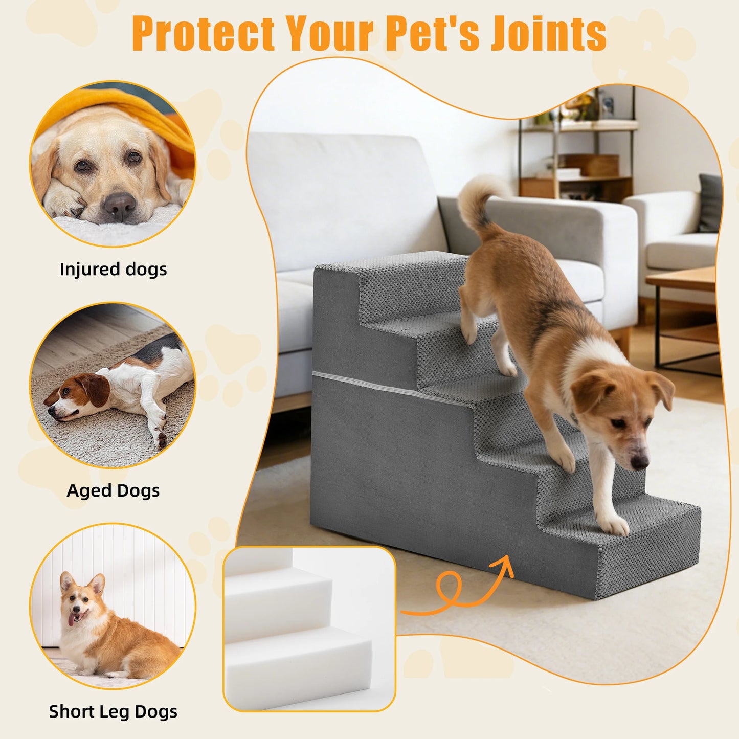 Right Angled Foam Dog Stairs 3 To 5 Steps Indoor Non Slip Ramp