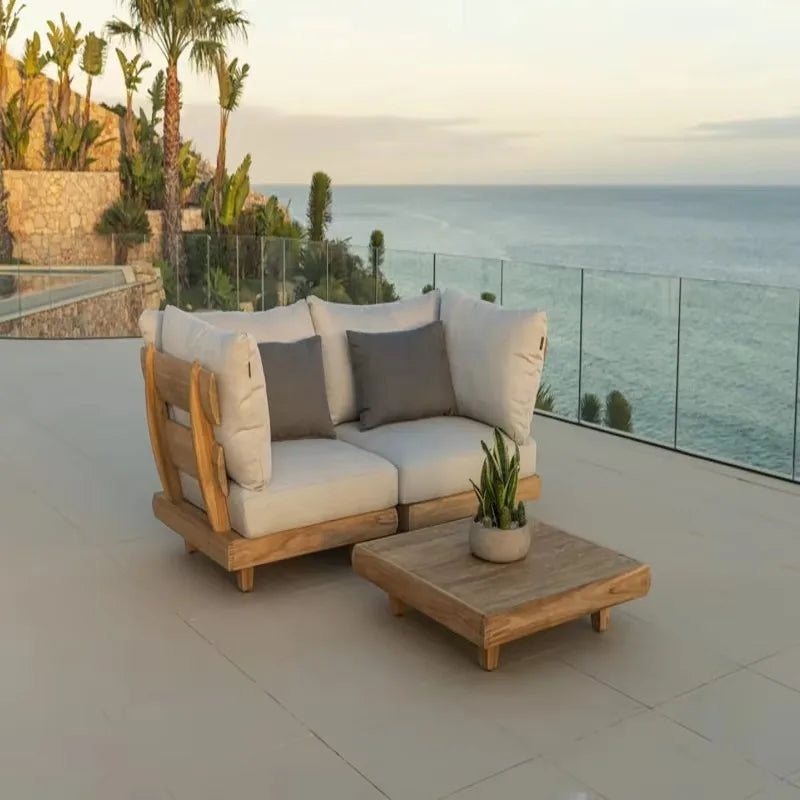 Outdoor Solid Teak Sofa Set with Waterproof Cushions for Patio