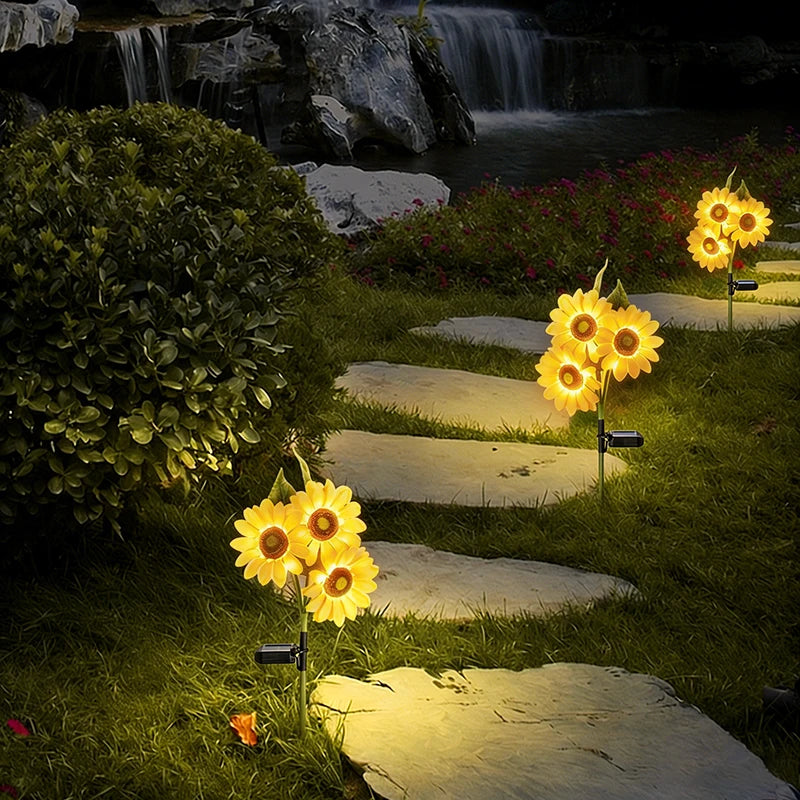 FAMCDC Solar Powered Sunflower Garden Light 3 Head Waterproof Outdoor