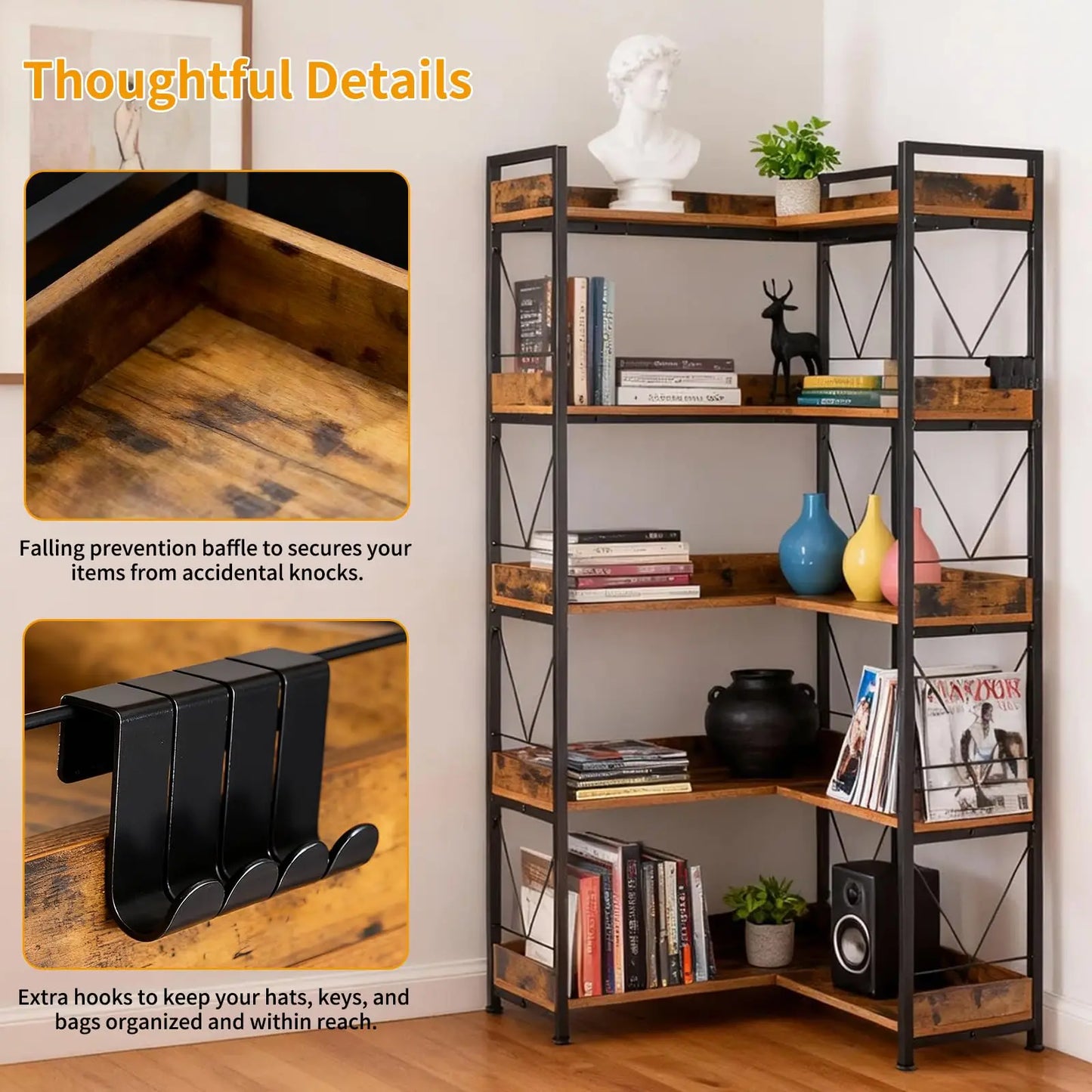JHK Modern Wooden Corner Bookshelf With Metal Frame And Hooks