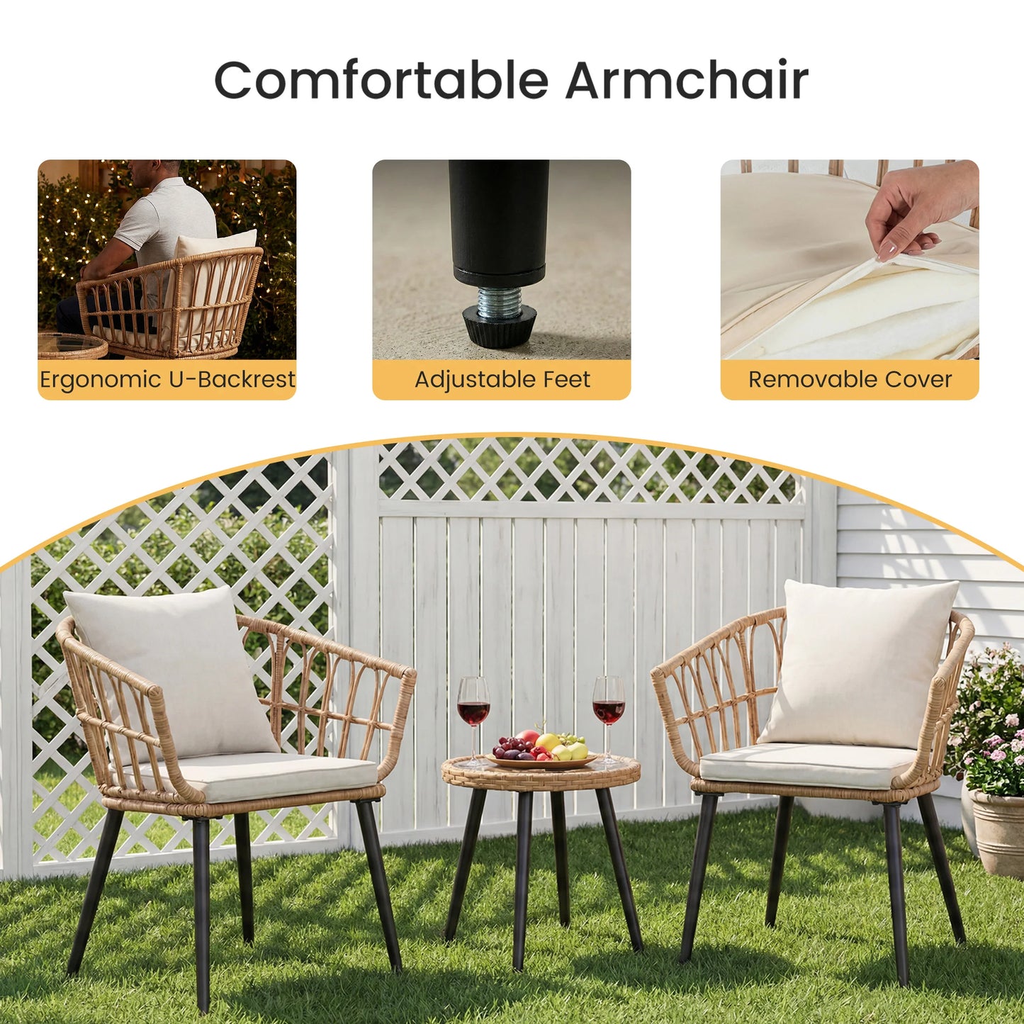 JHK Wicker Outdoor Patio Set With Cushions And Glass Table