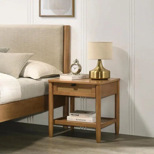 Rubberwood 6-Piece Bedroom Set With Upholstered Queen Bed, Dresser, Mirror