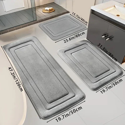 NONECN 3-Piece Absorbent Memory Foam Bath Mats Set Non Slip Quick Dry
