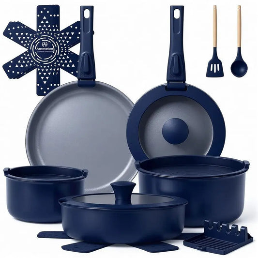 XMSJ Ceramic Nonstick Cookware Set With Removable Handles Induction Compatible