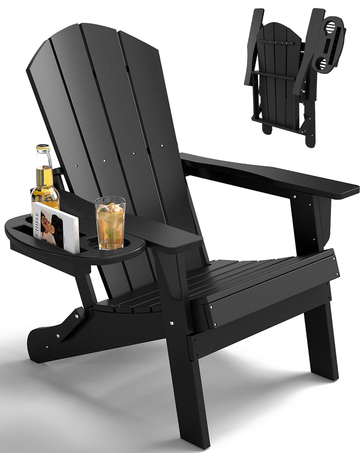 FOOWIN Folding Adirondack Chair Weather Resistant HDPE With Cup Holder