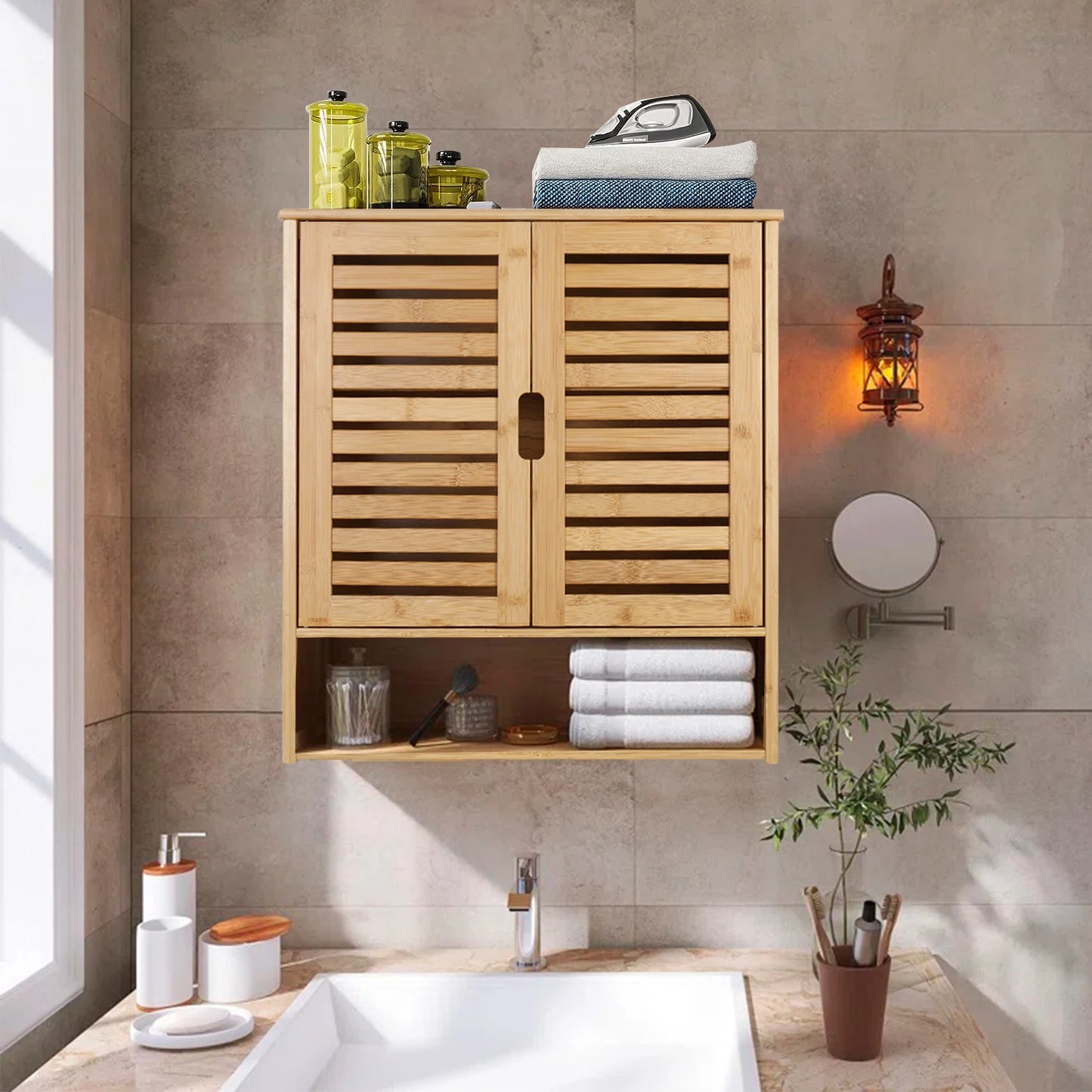 Bamboo Wall Mounted Cabinet With Adjustable Shelves Double Door Medicine Cabinet