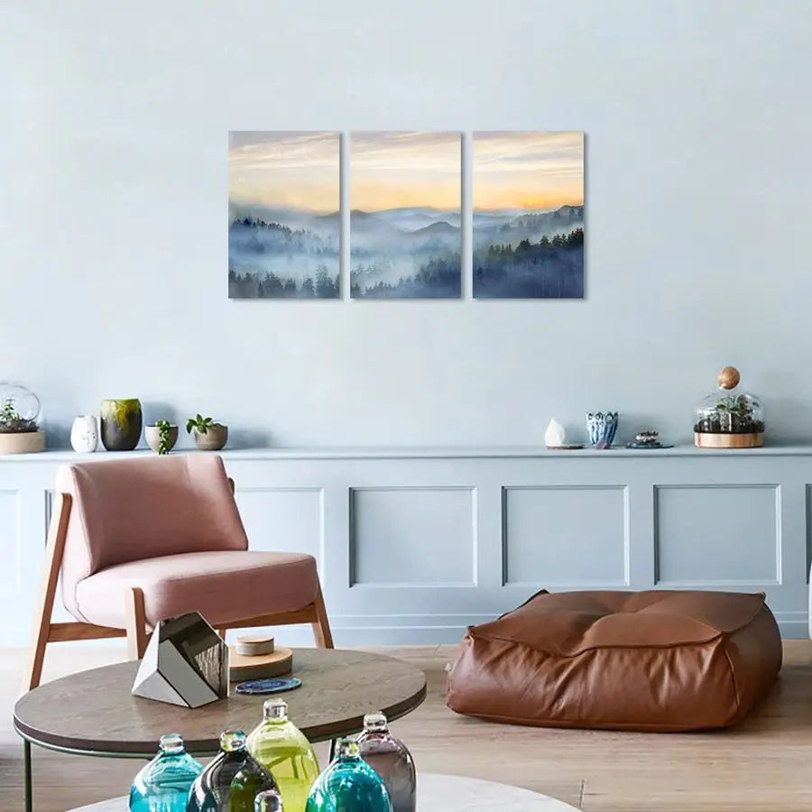 Sunrise Misty Forest Three Panel Wall Art
