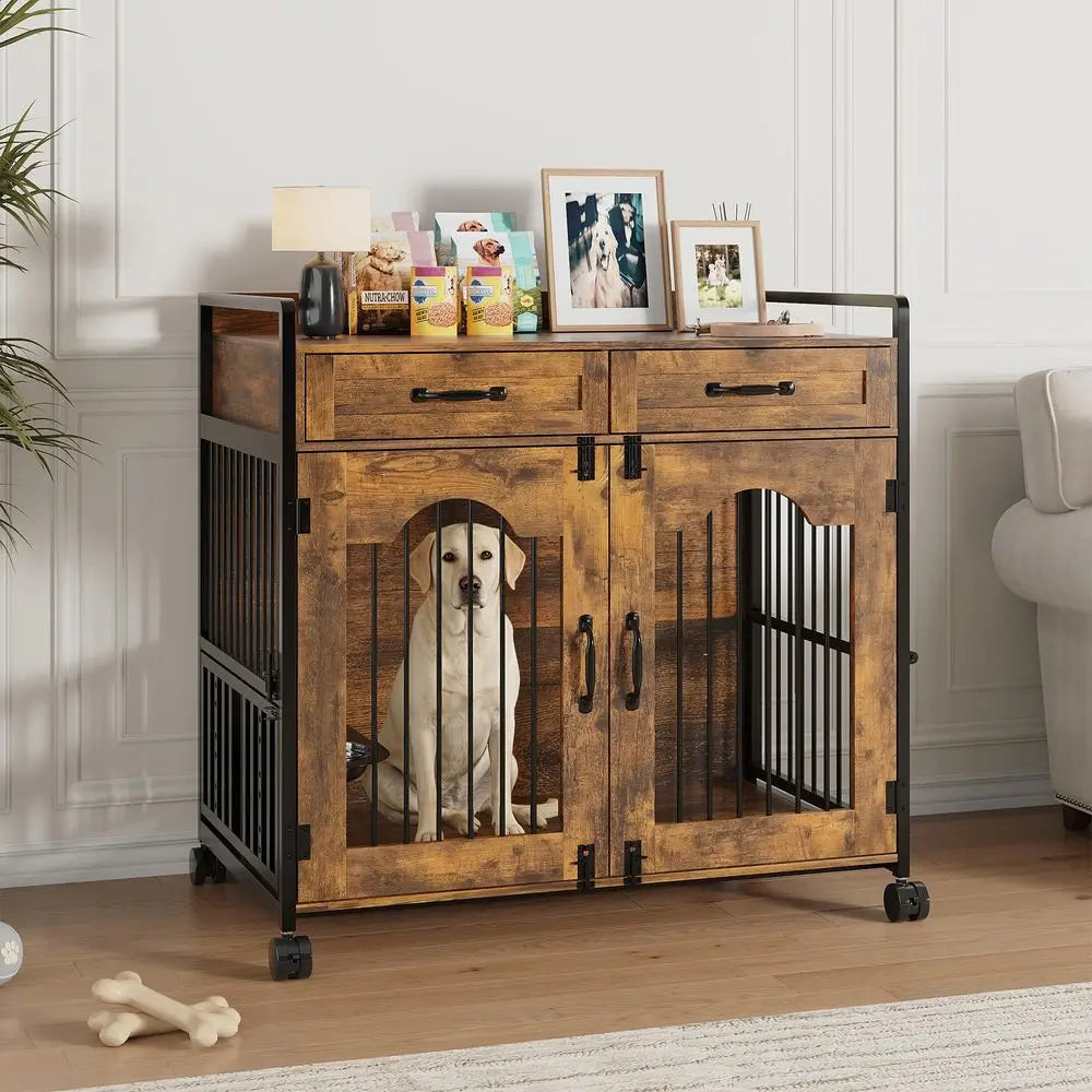 Wooden Dog Crate Furniture Kennel With Two Storage Drawers