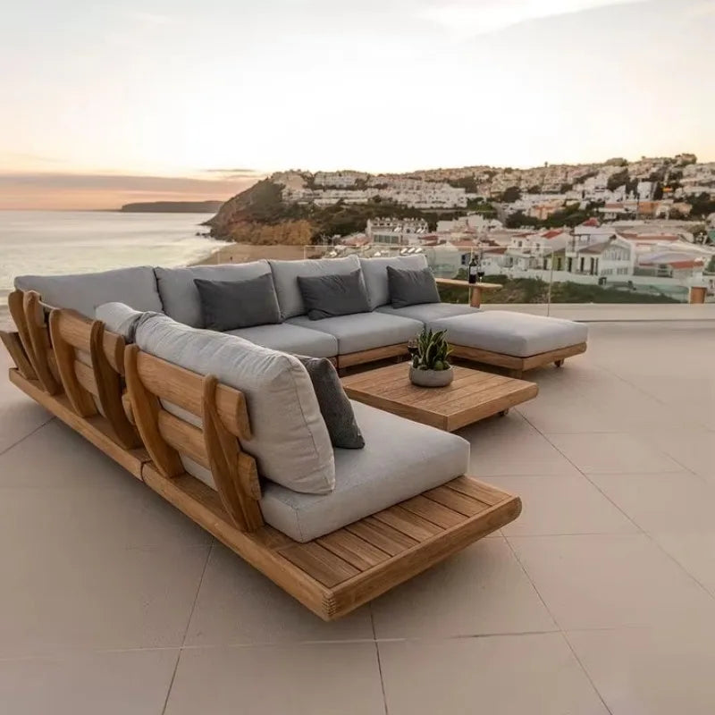 Outdoor Solid Teak Sofa Set with Waterproof Cushions for Patio