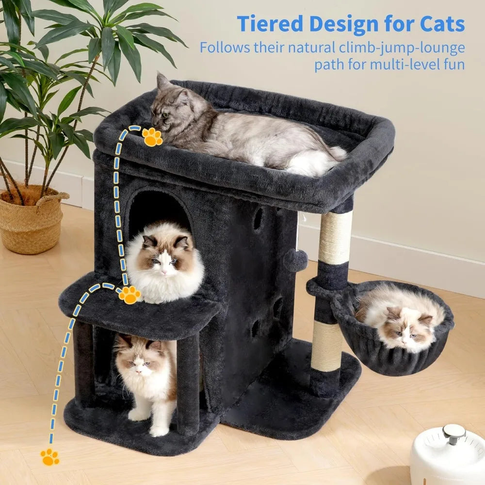 NBVCX Cat Tree With Dual Condos, Sisal Posts, Cozy Basket